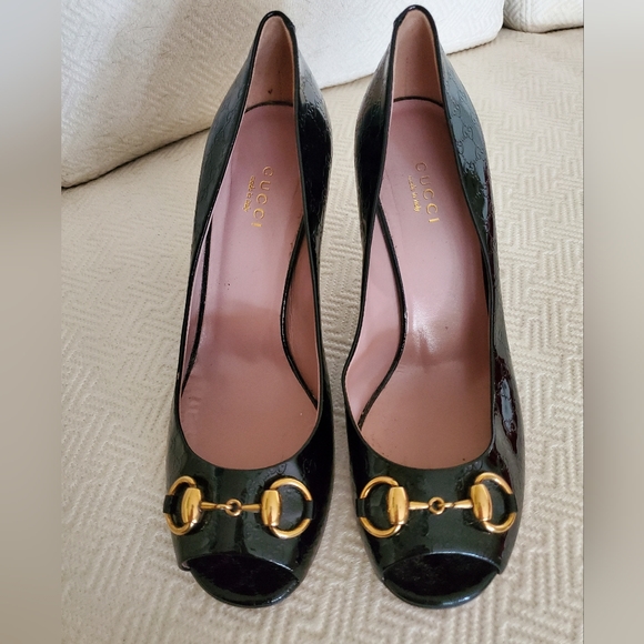 Gucci Black Patent Leather Guccisima Peep Toe Pumps Size 37 1/2 - Picture 3 of 7